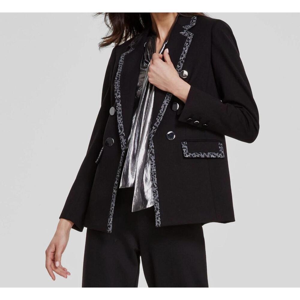 NWT Anne Klein Black Blazer with Gray leopard Trim Large